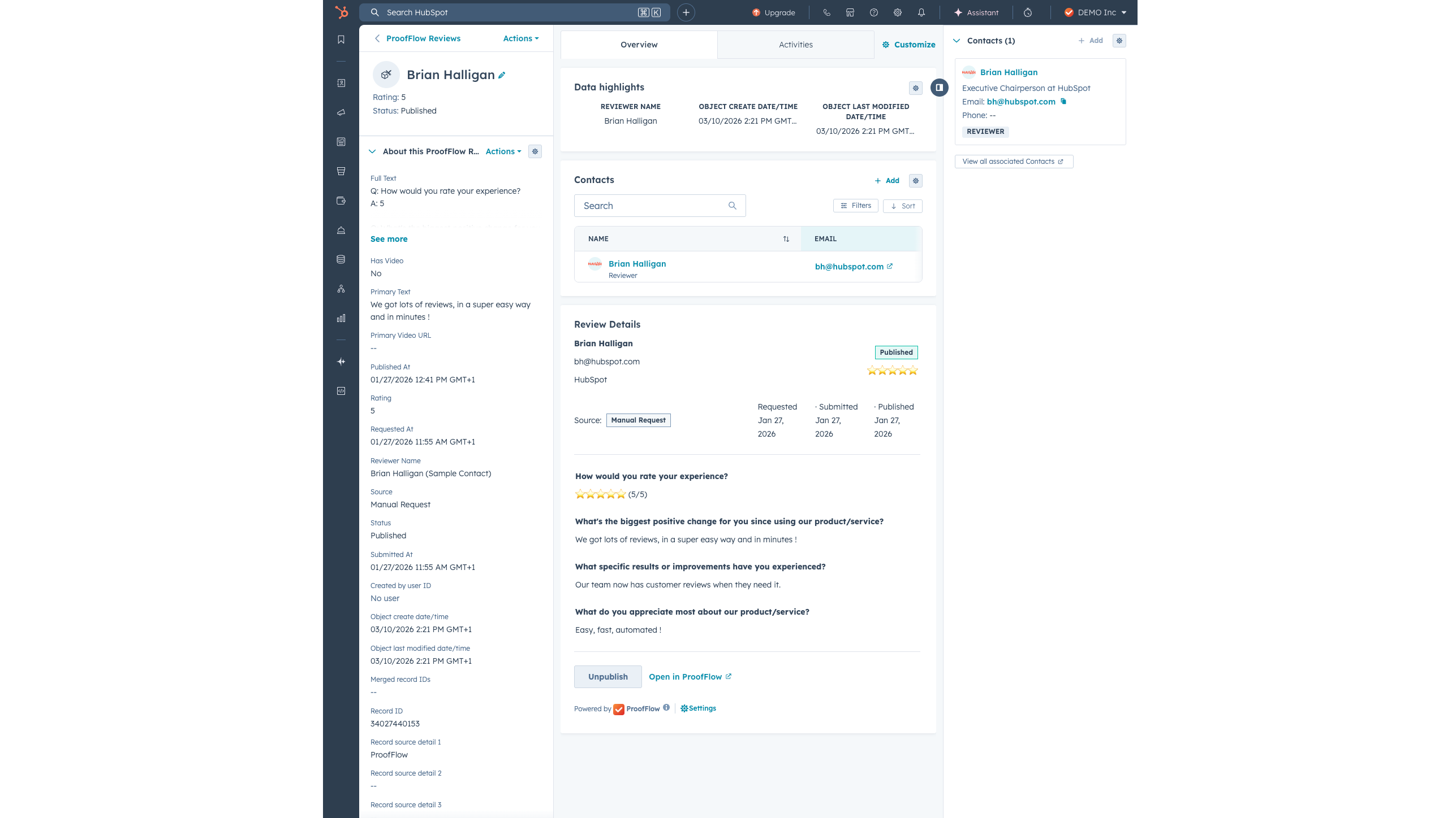 Review Details CRM card showing reviewer info, answers, and publish button