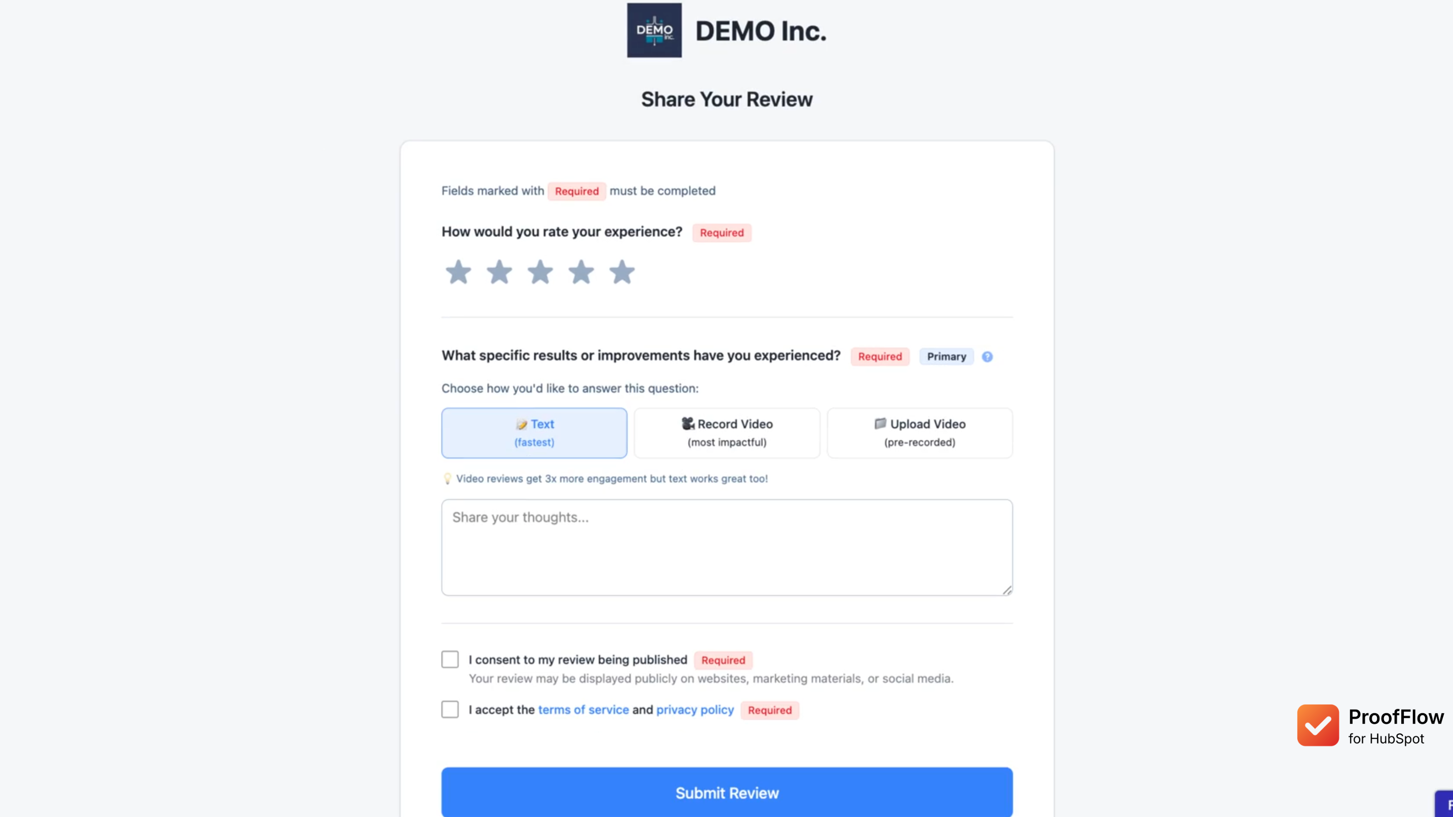 ProofFlow review request form with rating and testimonial questions