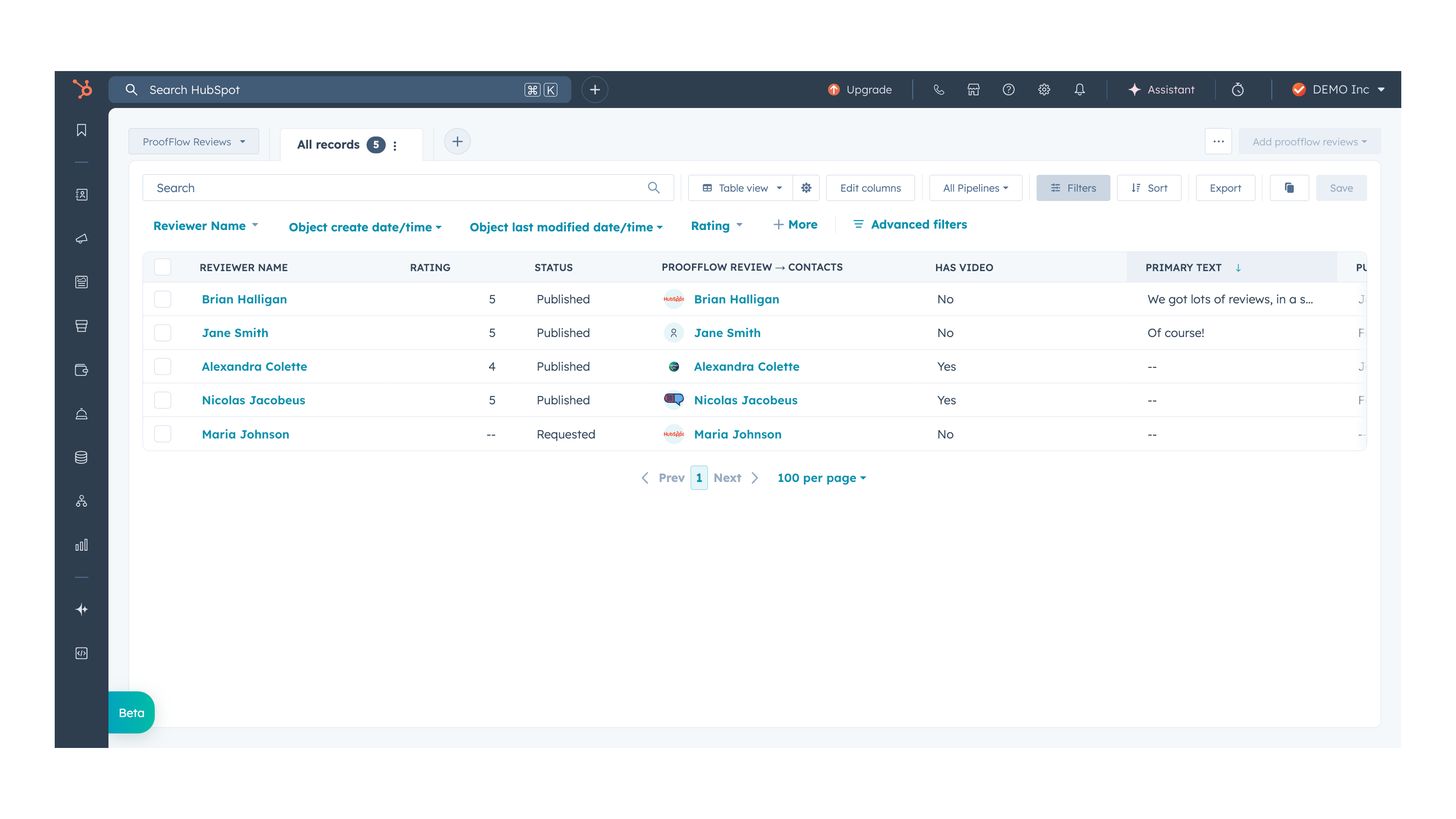 REVIEW app object record in HubSpot CRM showing review properties and contact association