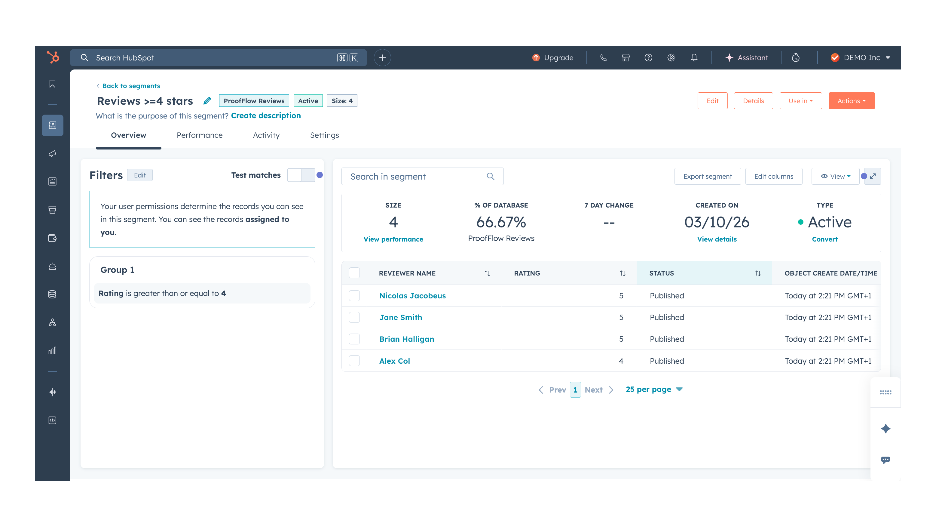 HubSpot list filtered by review properties showing segmented contacts