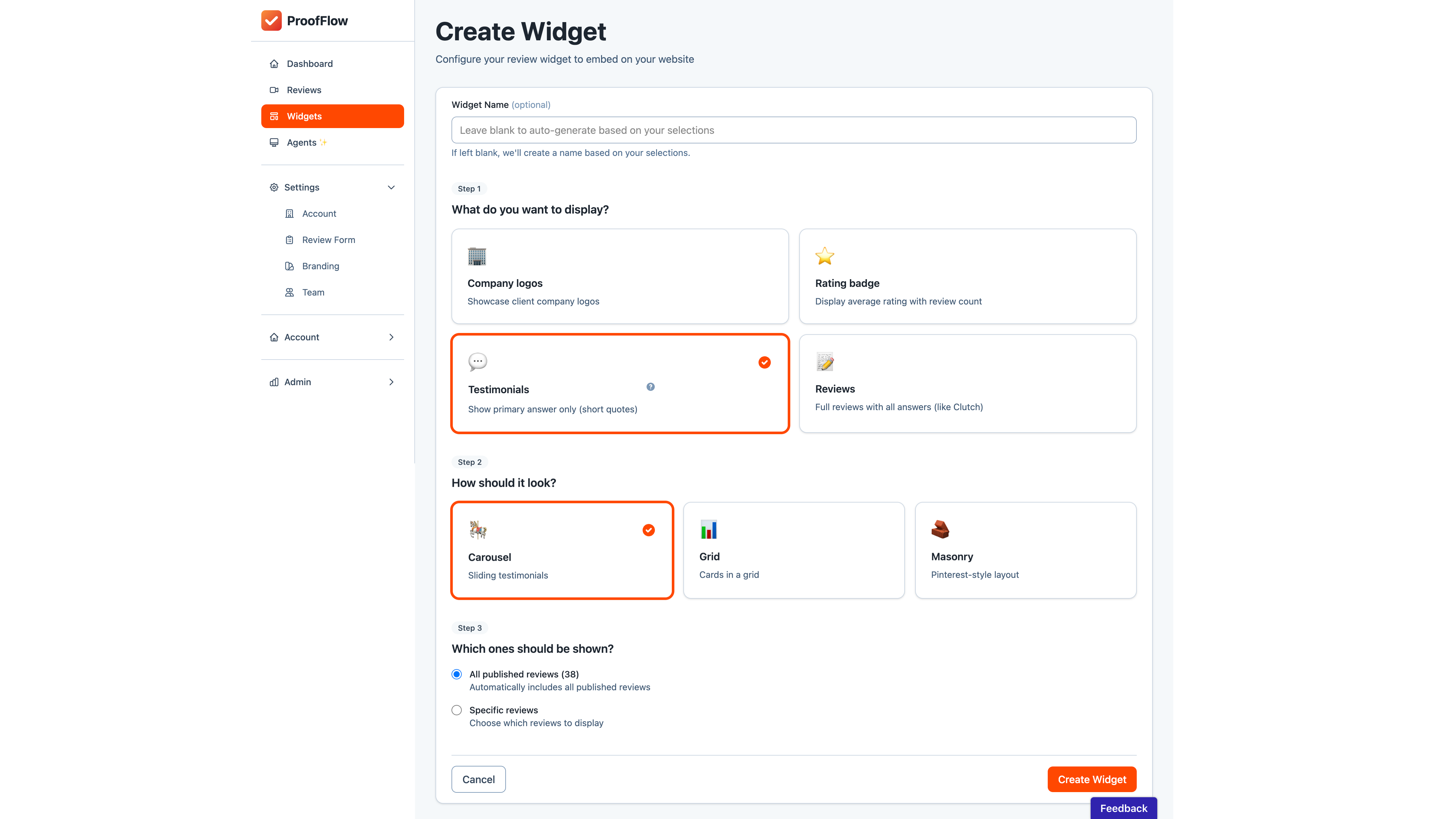 ProofFlow widget builder with layout options and live preview