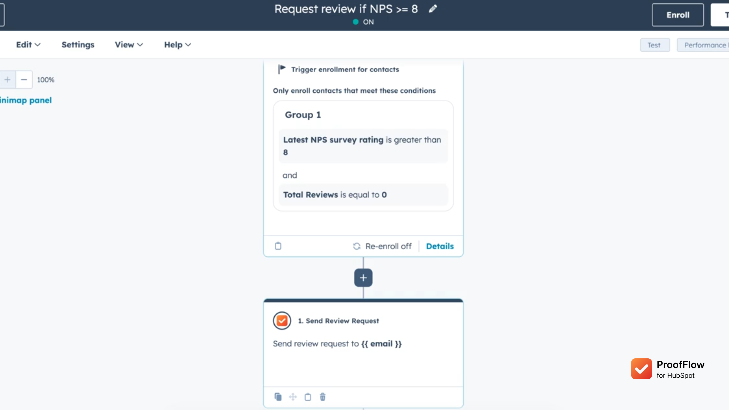 HubSpot workflow editor showing the ProofFlow Send Review Request action